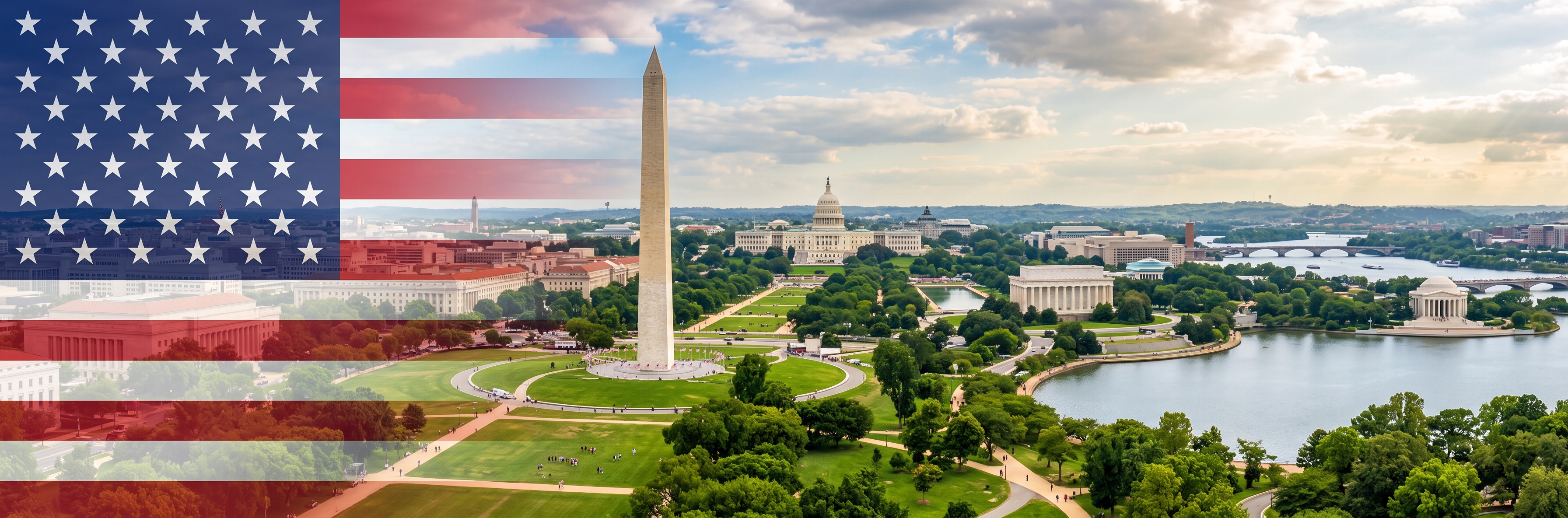 Washington, DC skyline with the United States flag, Washington Monument and US Capitol