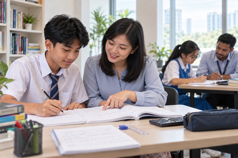 Tutor guiding an SPM student through written exercises